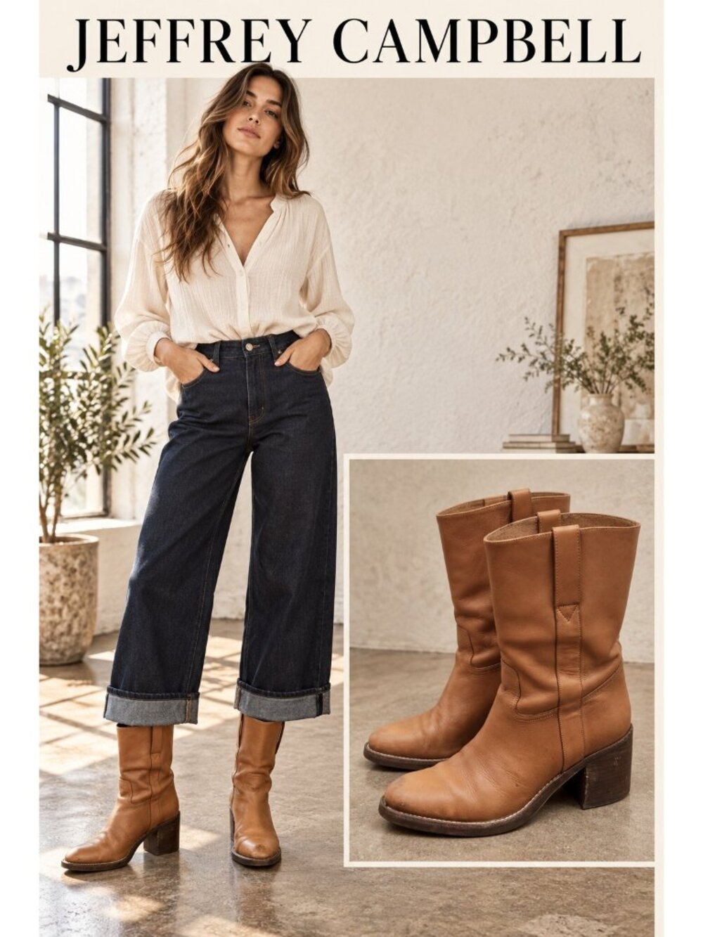 Jeffrey Campbell 8.5 Cognac Leather Mid Calf Pull On Western Boots